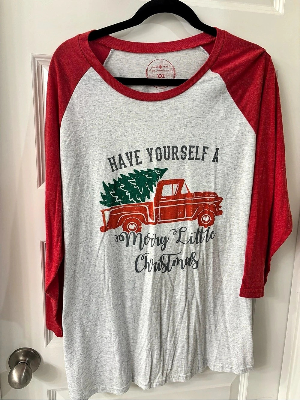 Jane Marie Have Yourself a Merry Little Christmas Red Truck Raglan Tee Gray &
